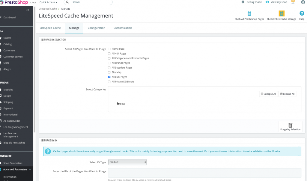 clear cache in cms page of litespeed cache module