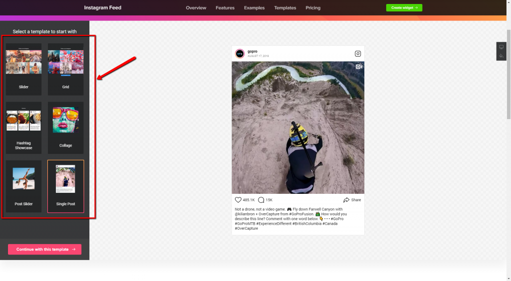 6. Select a template to create Instagram feed