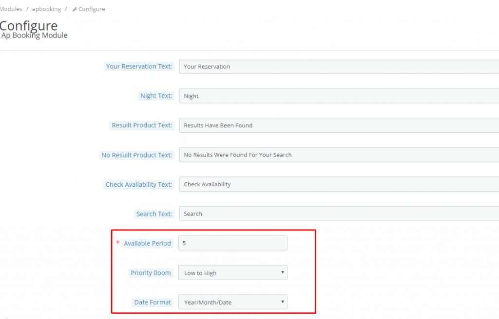 config in prestashop booking module