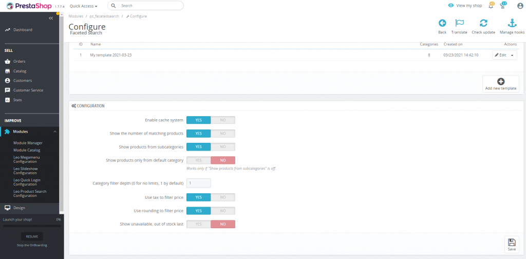 Configure Prestashop faceted search module in backend