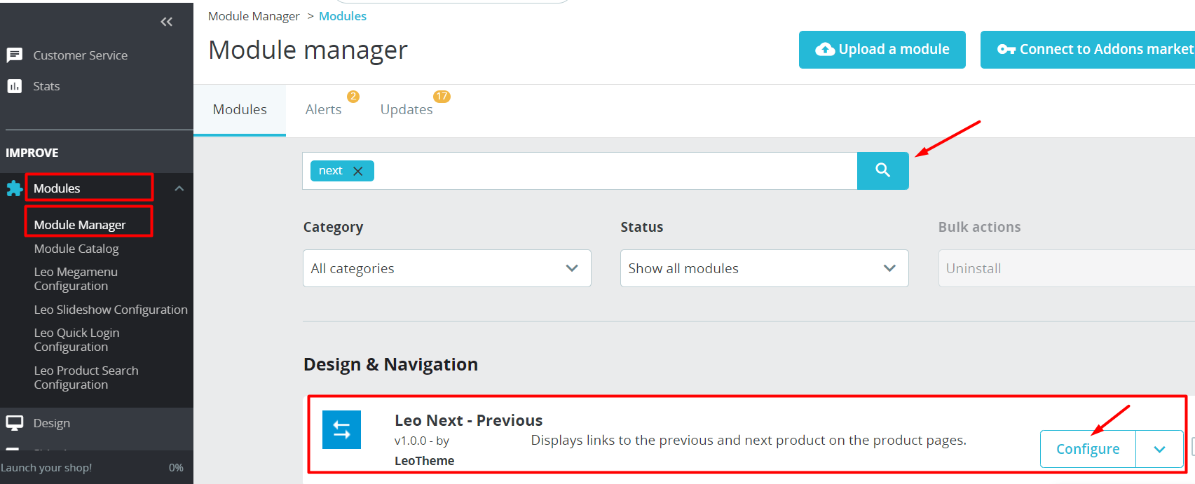 manage Leo next previous products module