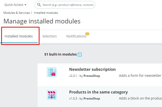 view installed prestashop 1.7.5 module - install prestashop 1.7.5 via admin panel