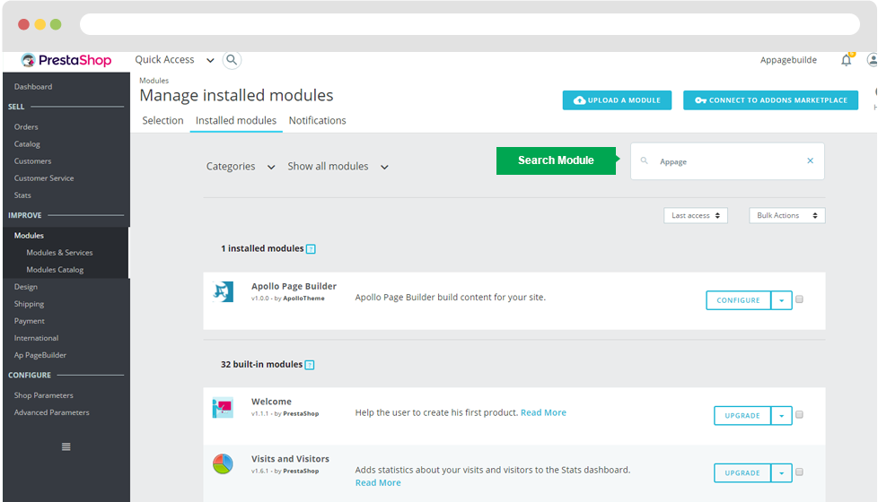 upload ap page builder prestashop module