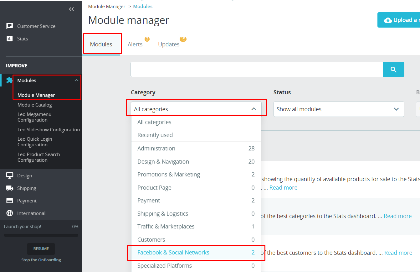 module manager in Prestashop admin