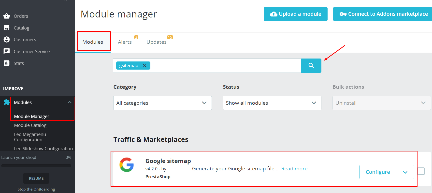 configure google sitemapin Prestashop admin