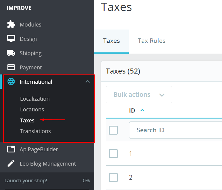 configure taxes in Prestashop admin